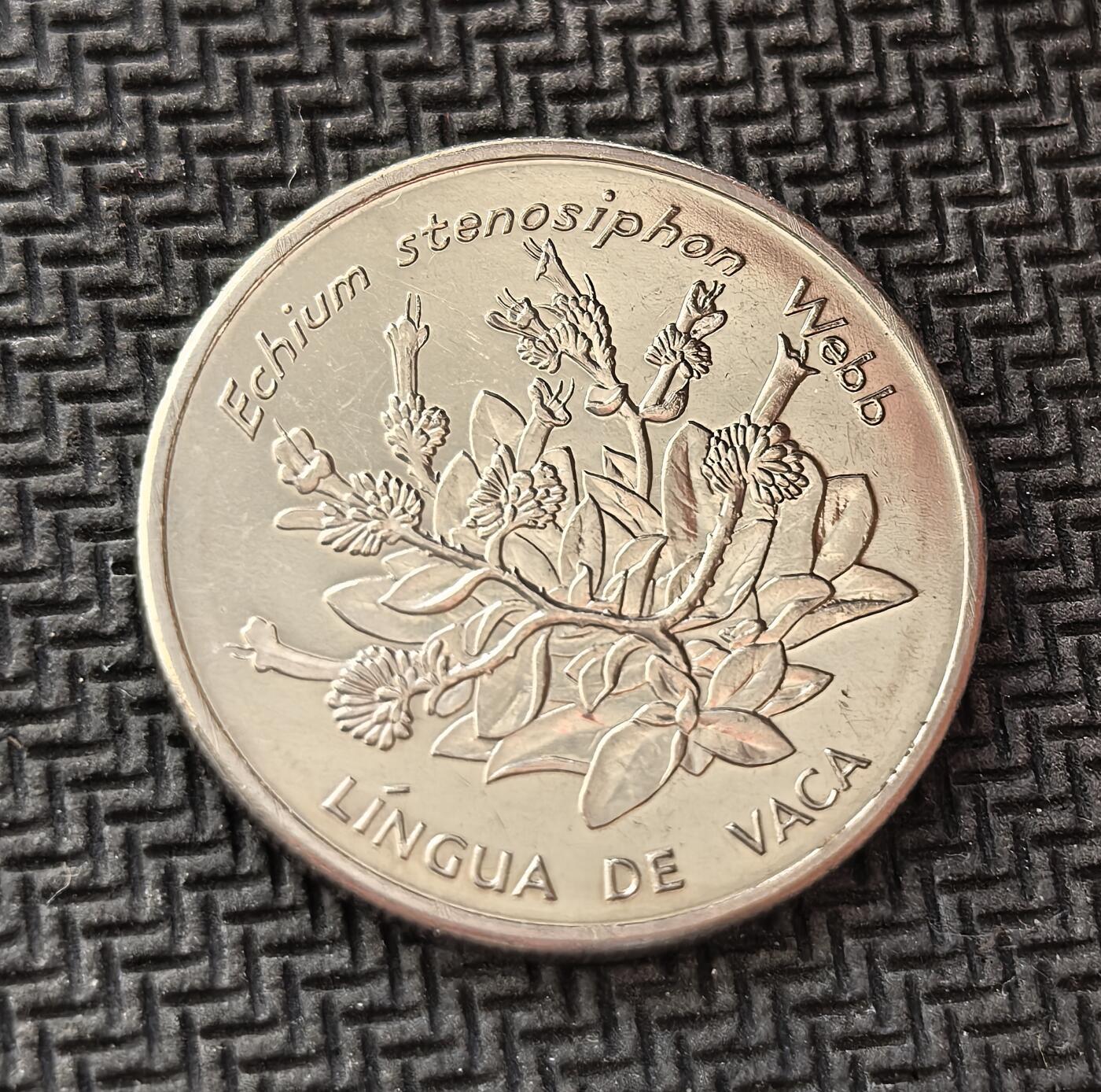 外国优质老铜币银币，周日九点倒数截拍，满百包邮，持续收拍，初八发货 佛得角牛舌草10 埃斯库多纪念币。正面是佛得角共和国国徽，象征国家主权；背面的植物是牛舌草，这是佛得角特有的珍稀植物，体现了这个西非岛国独特的生物多样性与自然遗产。