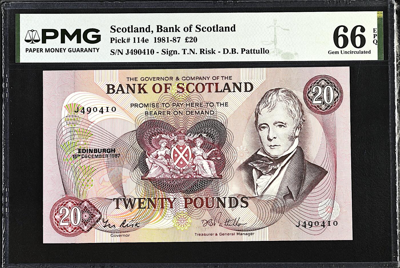 《艾美收藏》第232期-2.22周日外币靓号精品场(春节首拍) 苏格兰20镑 PMG66E 苏格兰银行 1987年早期大票幅版本