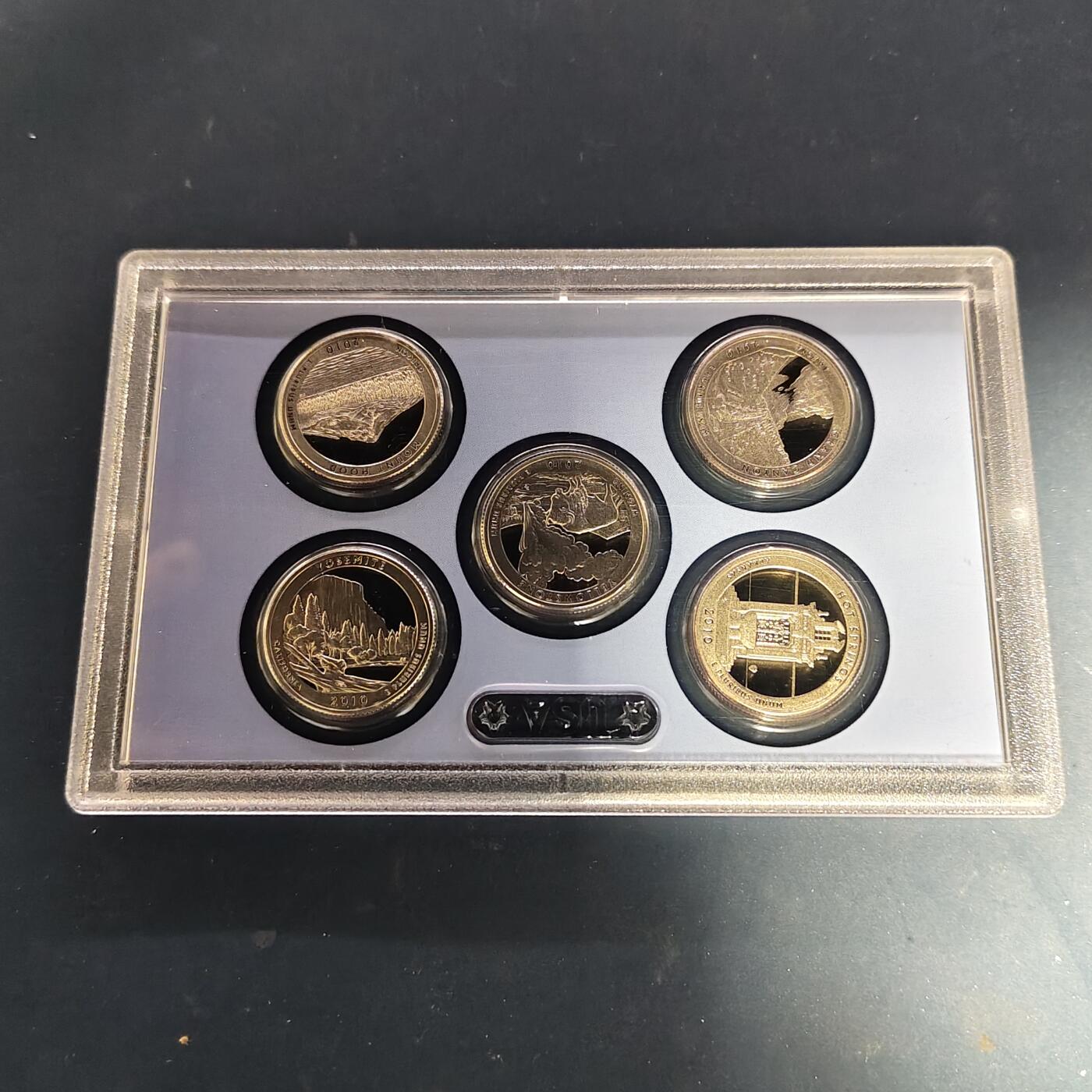 【全场包邮】纯粹捡漏拍505场 美国2010年25分国家公园系列官方盒装精制套币-俄勒冈胡德山/怀俄明黄石/阿肯色温泉城/加利福尼亚州约塞米蒂/亚利桑那州大峡谷国家公园