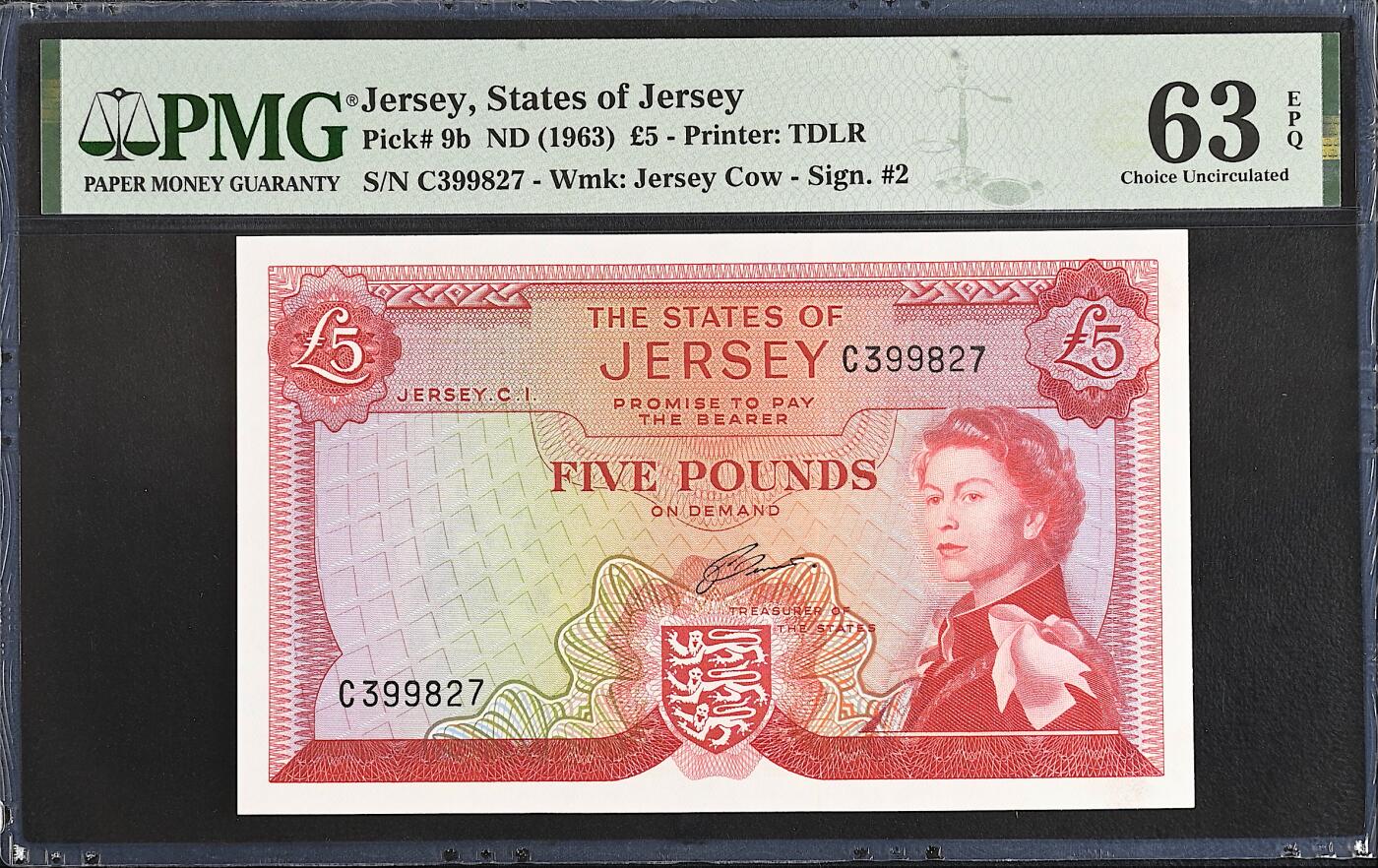 《艾美收藏》第232期-2.22周日外币靓号精品场(春节首拍) 泽西5镑 PMG63E 1963年 戎装女王 无4 严重低评 可剪壳收藏或重评