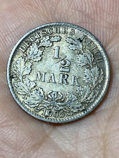 2026年第三十一场(总第二百场)英国一线回流散币新春特拍第三场(免佣金) - 德意志帝国1905年1/2马克银币(威廉一世时期，J标汉堡造，900高银)
