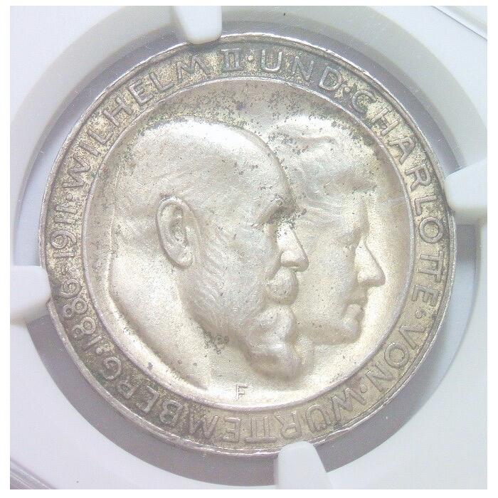 【银】NGC UNC 德国符腾堡1911年 威廉二世银婚3马克银币 开卷原光