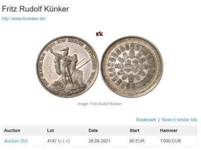 万国钱币拍卖第061期（马年首拍） PCGS SP61 1840年德国日耳曼英雄阿米尼乌斯战胜罗马军团纪念大银章 顶级欧陆浅淡彩虹彩均匀环绕 37个邦国盾徽环绕 PCGS唯一亚军分 40.87mm 21.86g 日耳曼部落切鲁斯克人军事领袖阿米尼乌斯在公元9年条顿堡森林战役中伏击全歼了罗马三个军团 是日耳曼民族历史上的重要英雄 21年昆克裸章成交价约合人民币一万元