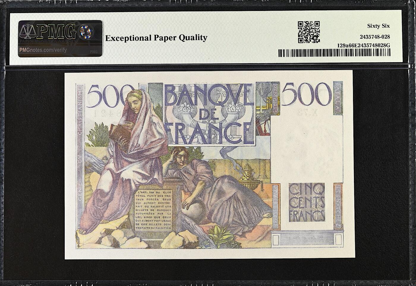 《艾美收藏》第232期-2.22周日外币靓号精品场(春节首拍) 法国500法郎 PMG66E 1946年 法国浪漫主义作家夏多布里昂 稀少版本
