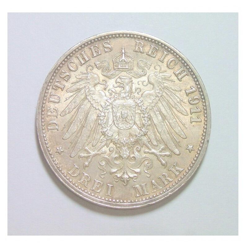 【银】德国符腾堡1911年 威廉二世银婚3马克银币 淡黄金彩 带原光