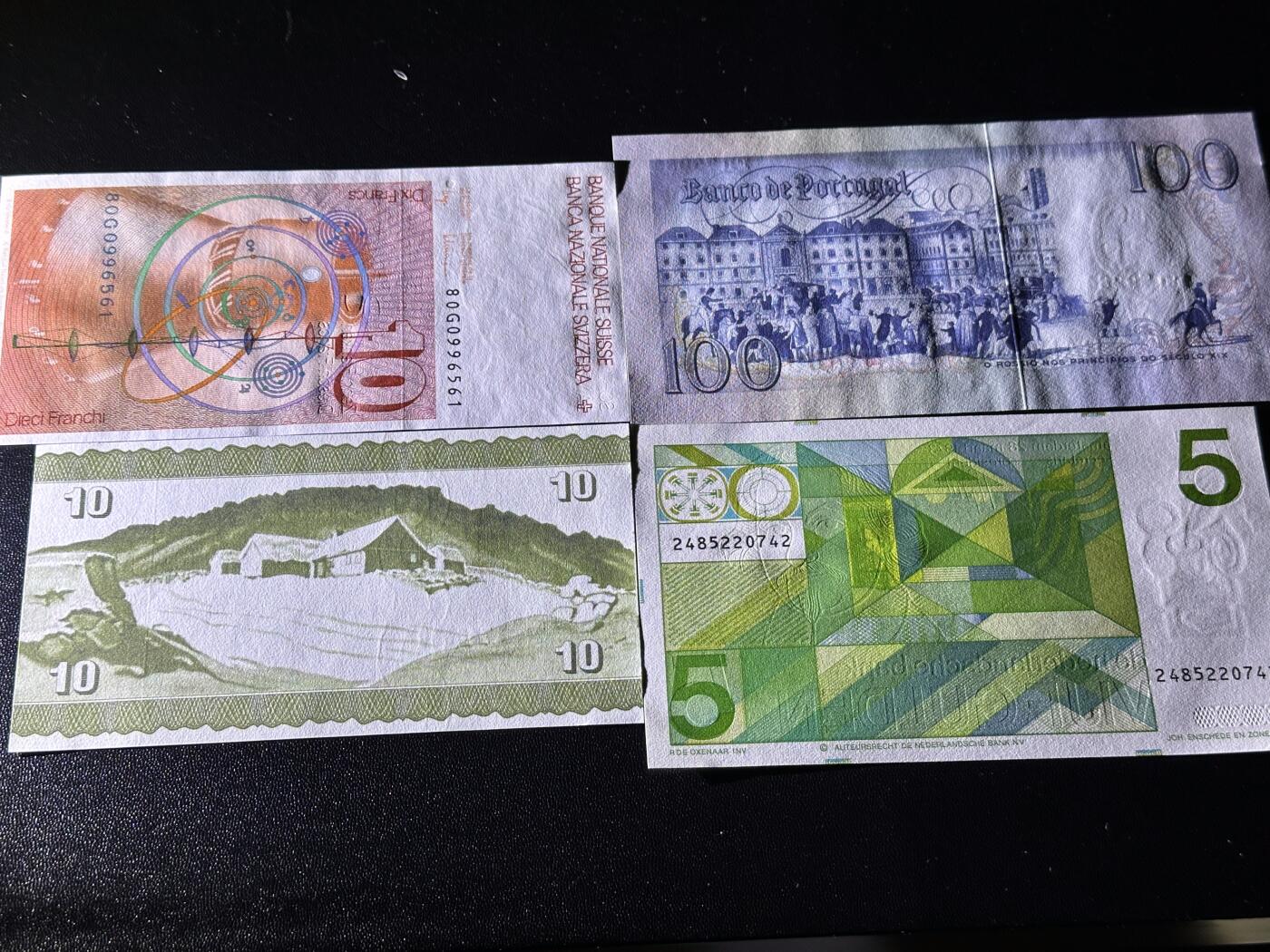 《外钞收藏家》第六百一十二期（ 精选场）（长期征集拍品、欢迎藏友们联系合作） 瑞士、法郎、葡萄牙、荷兰四张一起 全新UNC