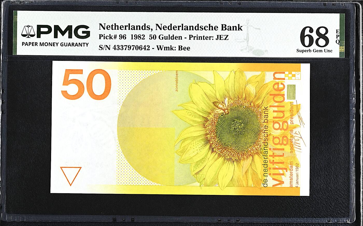 《艾美收藏》第232期-2.22周日外币靓号精品场(春节首拍) 荷兰50盾 PMG68E 1982年 经典