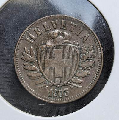 外国优质老铜币银币，周日九点倒数截拍，满百包邮，持续收拍，初八发货 - 瑞士1903年2分铜币。正面以 “HELVETIA” 与国徽彰显国家象征，背面的月桂枝象征和平，见证了瑞士在 20 世纪初的中立稳定与经济发展。