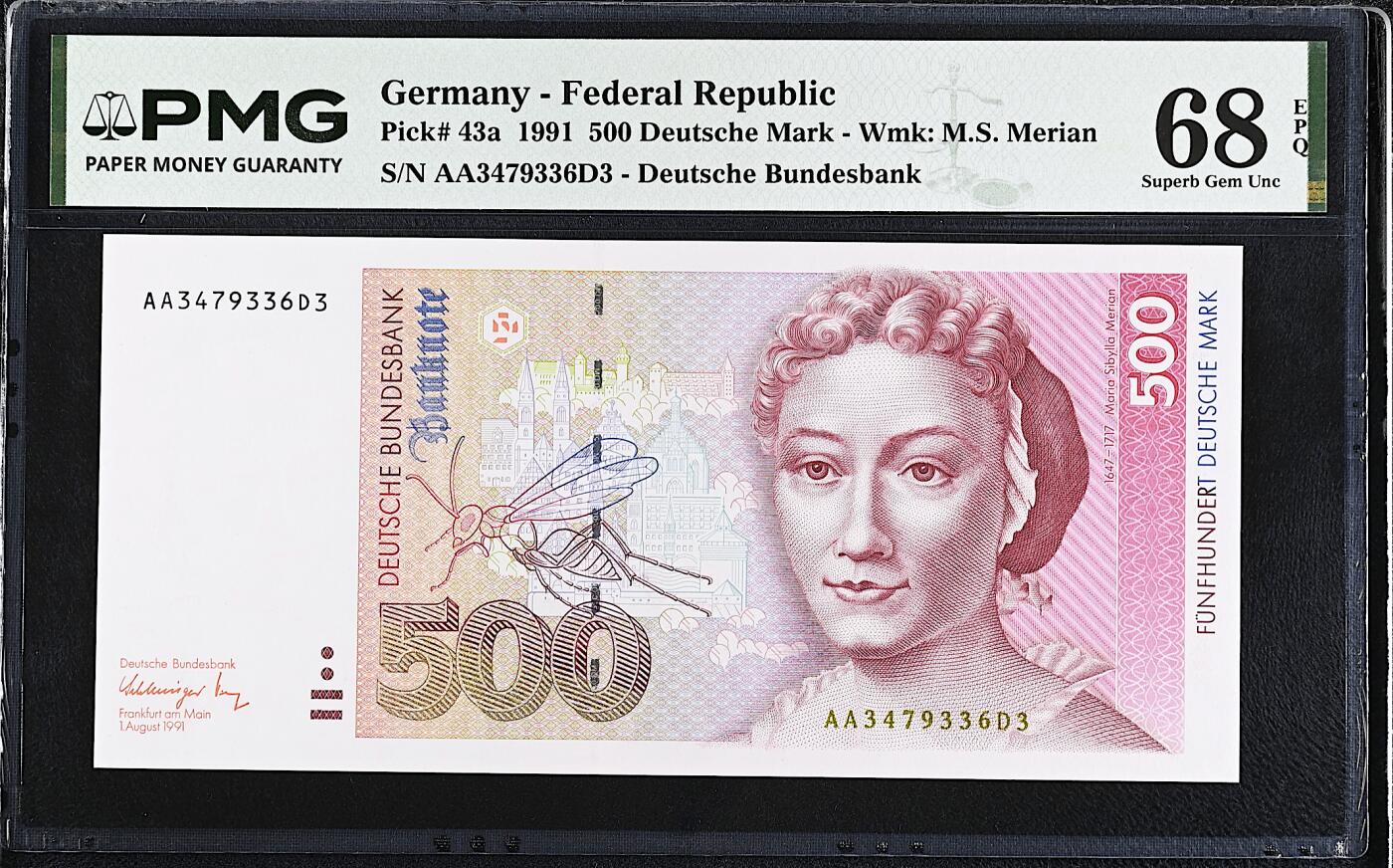 《艾美收藏》第232期-2.22周日外币靓号精品场(春节首拍) 德国500马克 PMG68E 1991年 女画家梅里安 AA冠