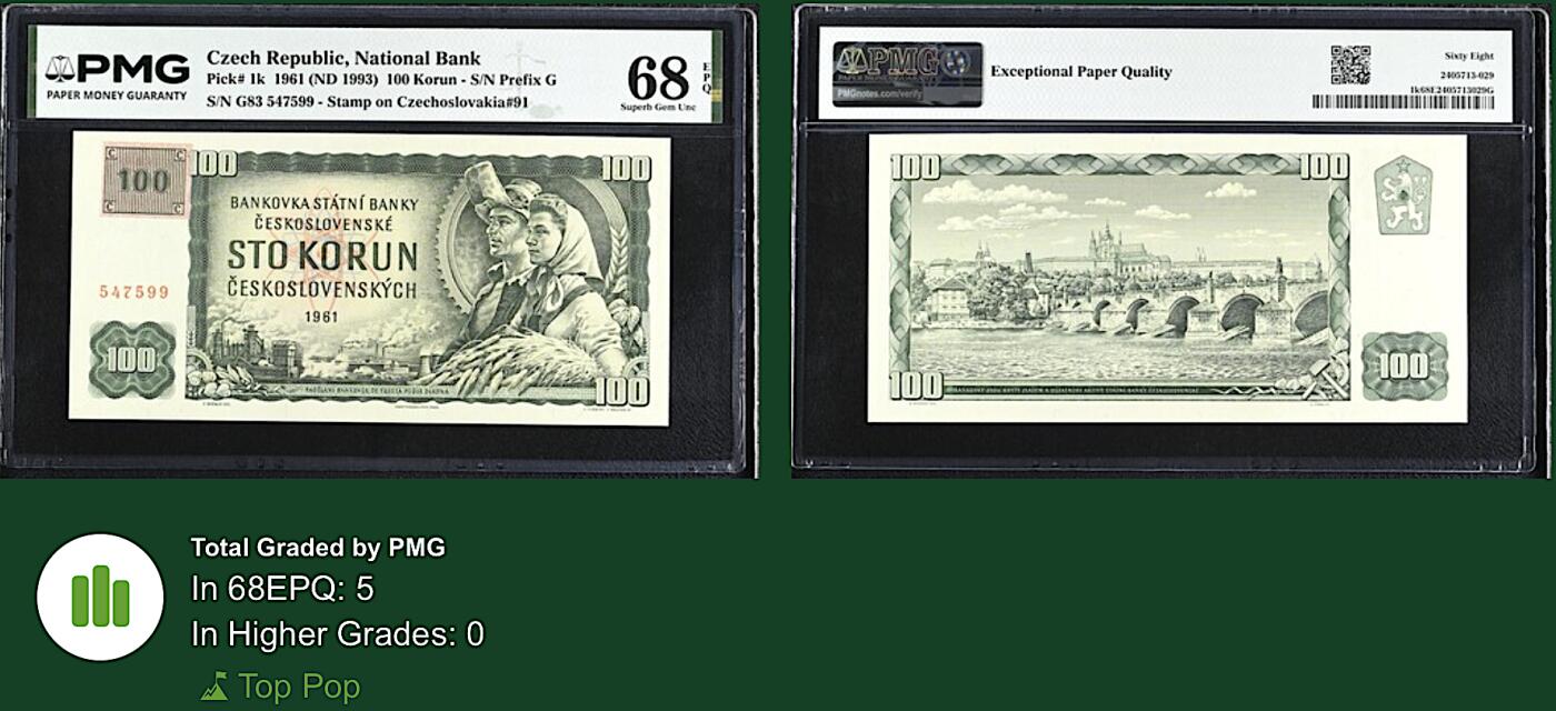 《艾美收藏》第232期-2.22周日外币靓号精品场(春节首拍) 捷克100克朗 PMG68E 1993年 第一版纸币 冠军分