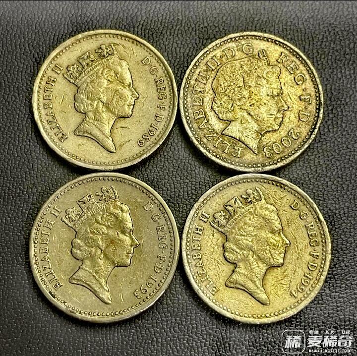 英国1989、93、94、2003年1英磅加厚靓品硬币4枚一组