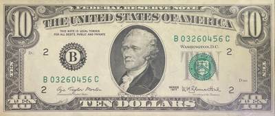 回流0301 - 未使用  1977年版10美元（¥69元）联邦储备券 纽约联邦储备银行（字母“B”，数字标识“2”）