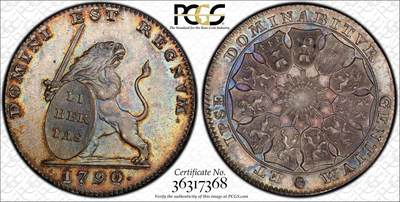 万国钱币拍卖第061期（马年首拍） - PCGS MS64 1790年奥地利属荷兰狮子持剑护盾3弗洛林大银 布鲁塞尔造币厂铸 单年发行44000枚 仅在短暂的布拉班特革命期间发行 这是一场反对哈布斯堡王朝统治的起义 其设计摒弃了国王名字或形象 雄狮右手持剑左手自由盾 背面11个邦徽环绕 原味深打初铸状态 孔雀绿倒影式欧陆浓郁包浆均匀附着 高分越来越罕见的品种 错过难再的顶级收藏品 今年1月HA纽约63分成交价4500美金