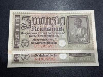 《外钞收藏家》第六百一十二期（ 精选场）（长期征集拍品、欢迎藏友们联系合作） - 德国20马克 2张一起 丢勒画作 勃兰登堡门 全新边角有黄 尾97、99