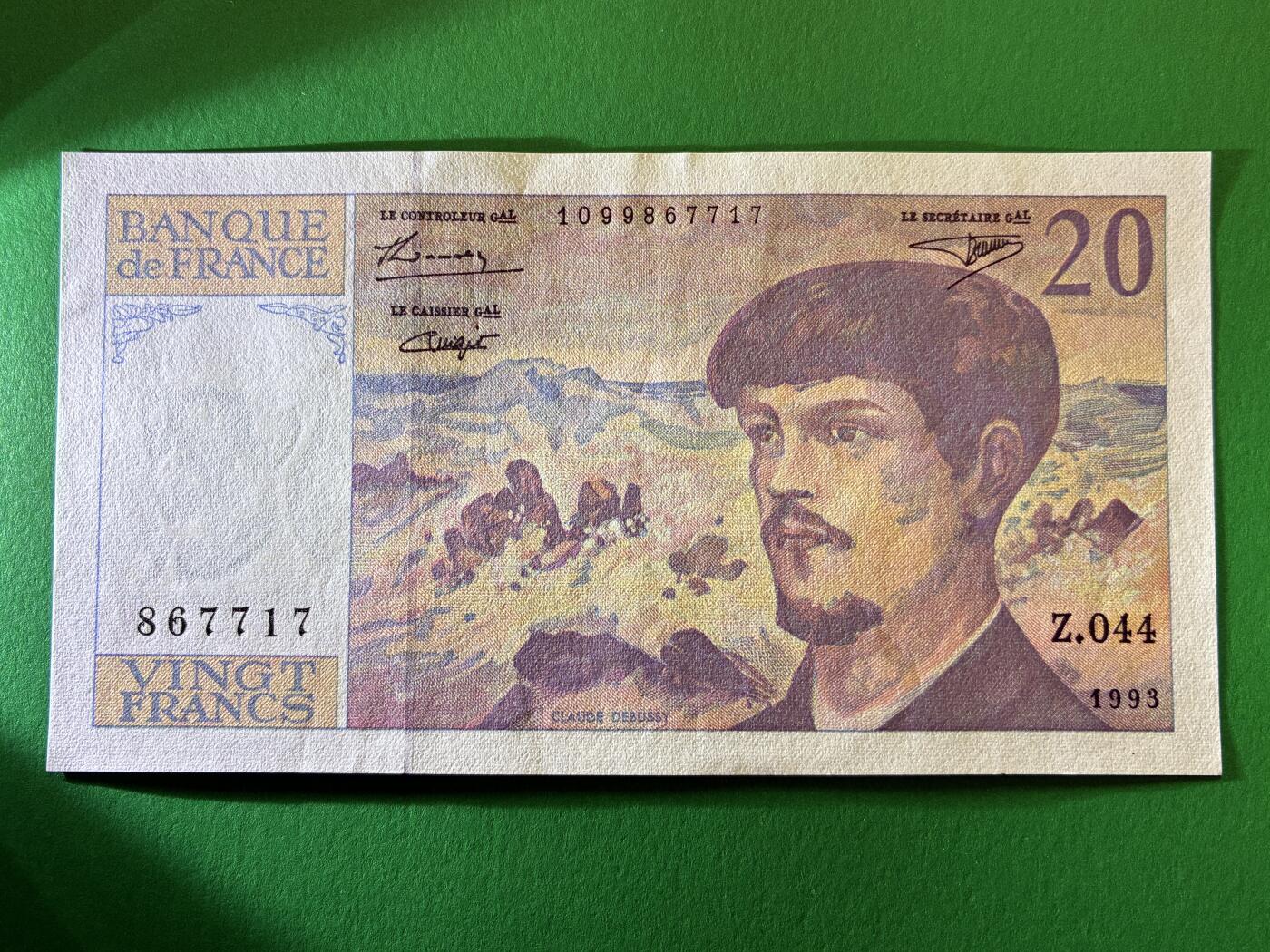 咖啡豆•收藏 2026年Feb_27th世界各国纸币拍卖 法国 1993年 20法郎 全新UNC 外国纸币