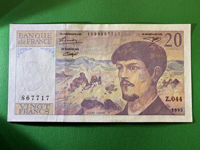 咖啡豆•收藏 2026年Feb_27th世界各国纸币拍卖 - 法国 1993年 20法郎 全新UNC 外国纸币