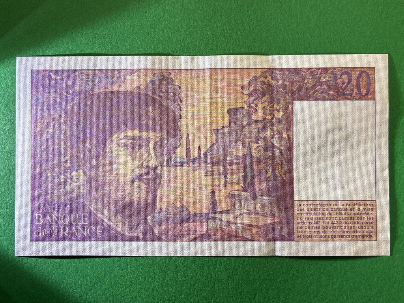 咖啡豆•收藏 2026年Feb_27th世界各国纸币拍卖 法国 1995年 20法郎 美品UNC- 外国纸币