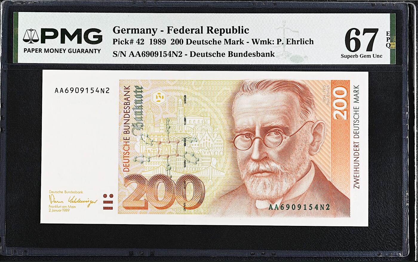 《艾美收藏》第232期-2.22周日外币靓号精品场(春节首拍) 德国200马克 PMG67E 1989年 医学家埃尔利希 AA冠