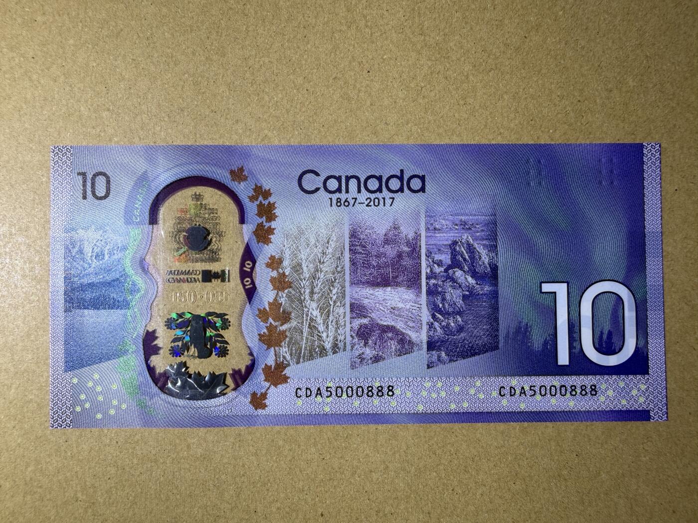 《艾美收藏》第232期-2.22周日外币靓号精品场(春节首拍) 豹子号 加拿大10元 UNC 2017年 加拿大建国150周年纪念钞 靓号送评博70分 无347豹子号888