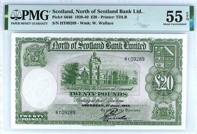 《艾美收藏》第232期-2.22周日外币靓号精品场(春节首拍) - 苏格兰20镑 PMG55E 苏格兰北方银行 1943年大票幅稀少版本亚军分 58就是冠军分了 有EPQ不容易 无347