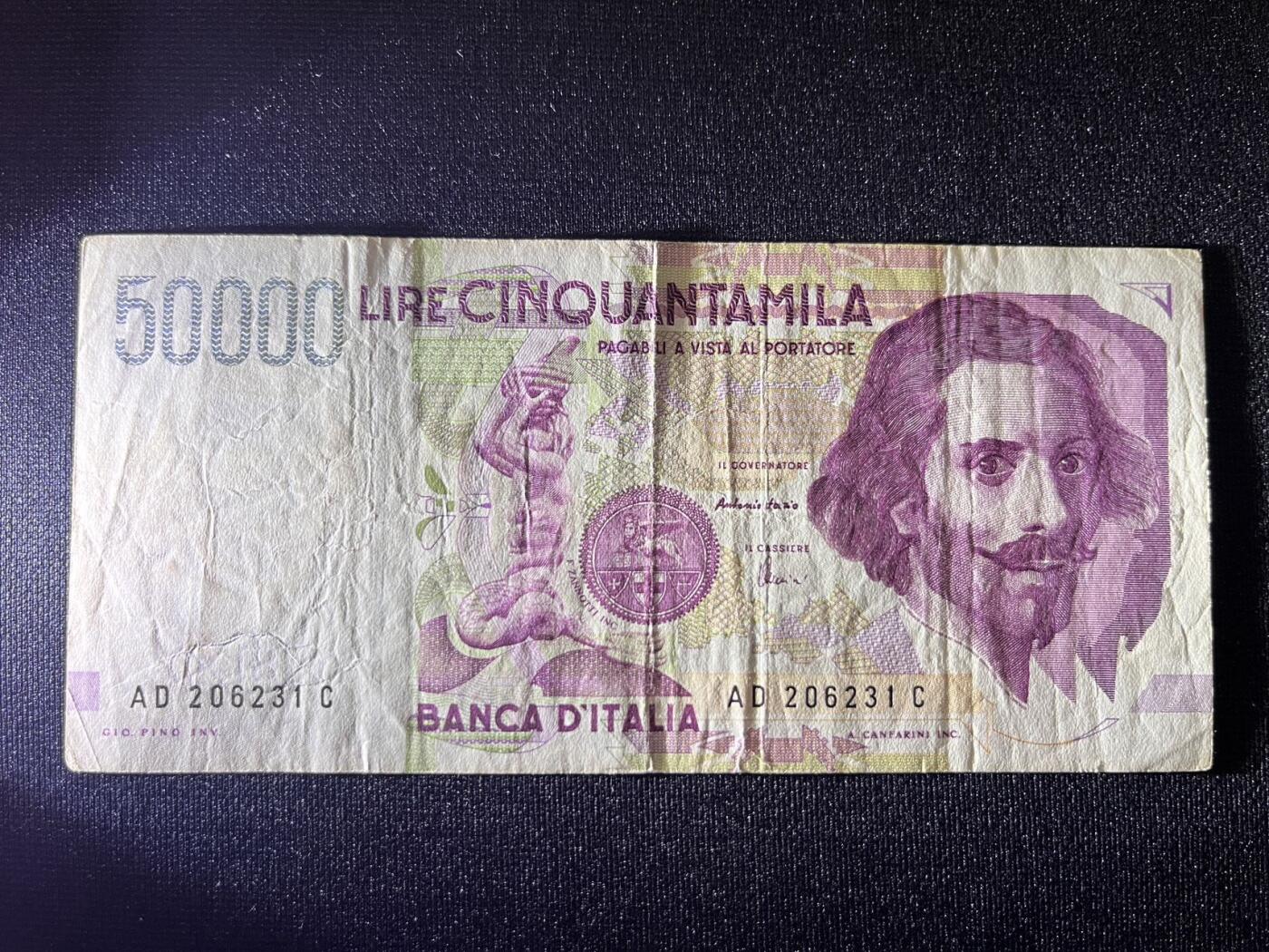 世界各国纸币拍卖 意大利1992年 50000里拉 实物图