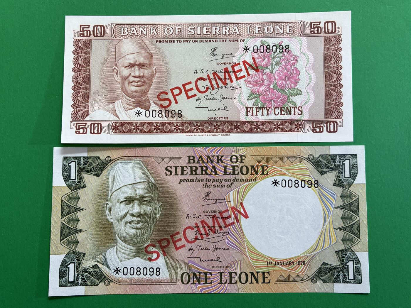 咖啡豆•收藏 2026年Mar_1st世界各国纸币样票拍卖 塞拉利昂 1978年 50分-5利昂 全新UNC同号 外国纸币样票 4枚一套