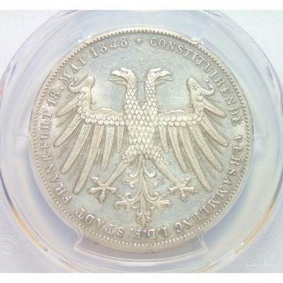 【银】PCGS AU58 德国法兰克福1848年双头鹰宪法2盾大银币 难得初铸 带原光 发行量仅3万枚 - 【银】PCGS AU58 德国法兰克福1848年双头鹰宪法2盾大银币 难得初铸 带原光 发行量仅3万枚