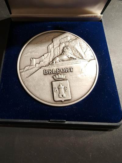 老王徽章第184期 - 法国贝尔福市阿尔斯通高速列车镀银大铜章    原盒     贝尔福市代表为贝尔福雄狮     直径80mm     重量250.9g