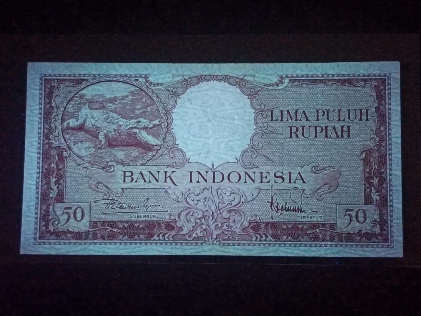 【年后首拍！】2026二月第三期，总217期 印度尼西亚1957版50卢比UNC-，苏门答腊鳄，少见动物系列品种