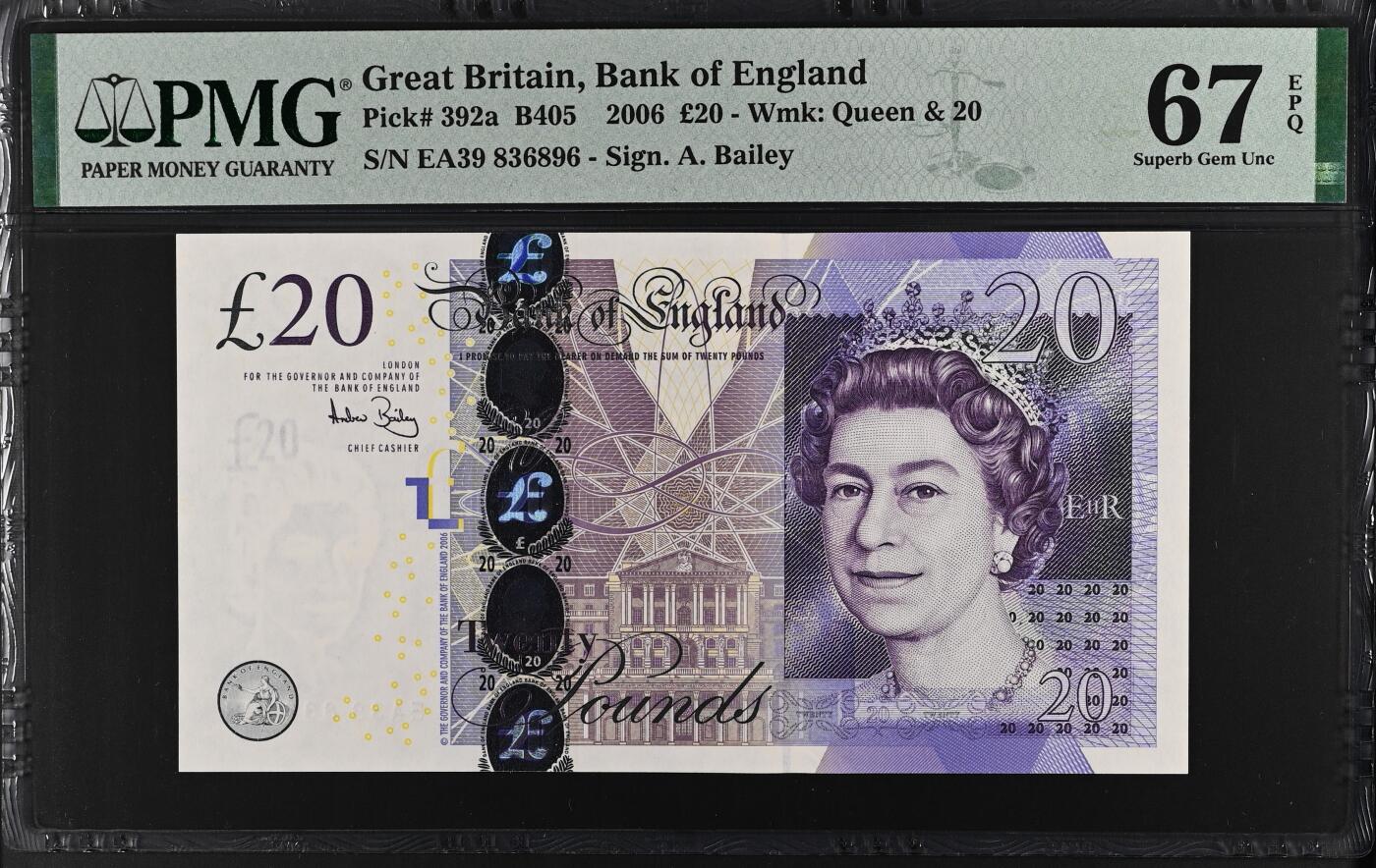 《艾美收藏》第233期-2.23周一外币精品荟萃(春节第二拍) 英国F序列2006(ND2015)年EA冠20镑PMG67E高分无47 Pick#392a一签