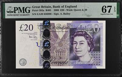 《艾美收藏》第233期-2.23周一外币精品荟萃(春节第二拍) - 英国F序列2006(ND2015)年EA冠20镑PMG67E高分无47 Pick#392a一签
