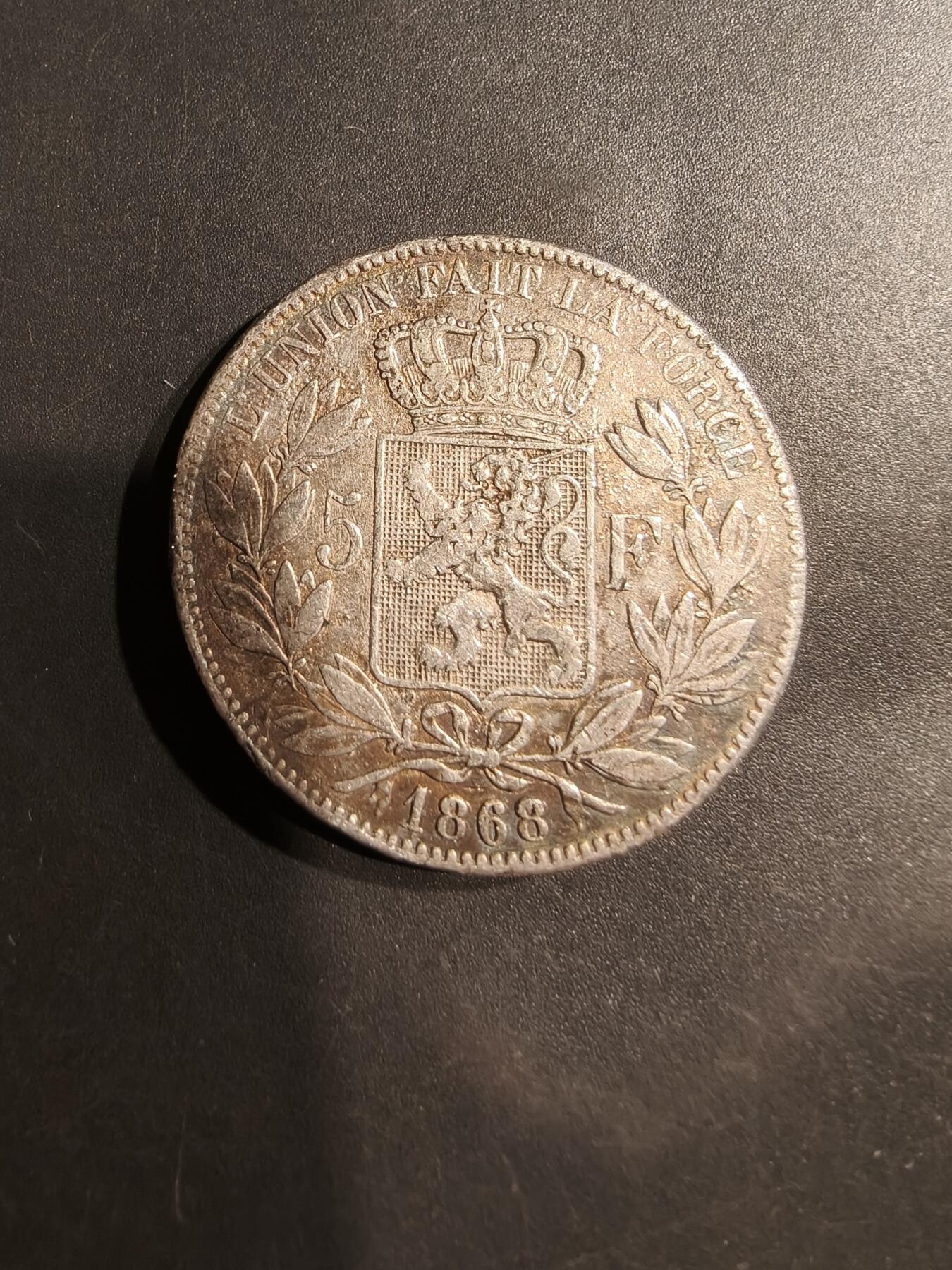 老王徽章第184期 比利时1868年5法郎学习币