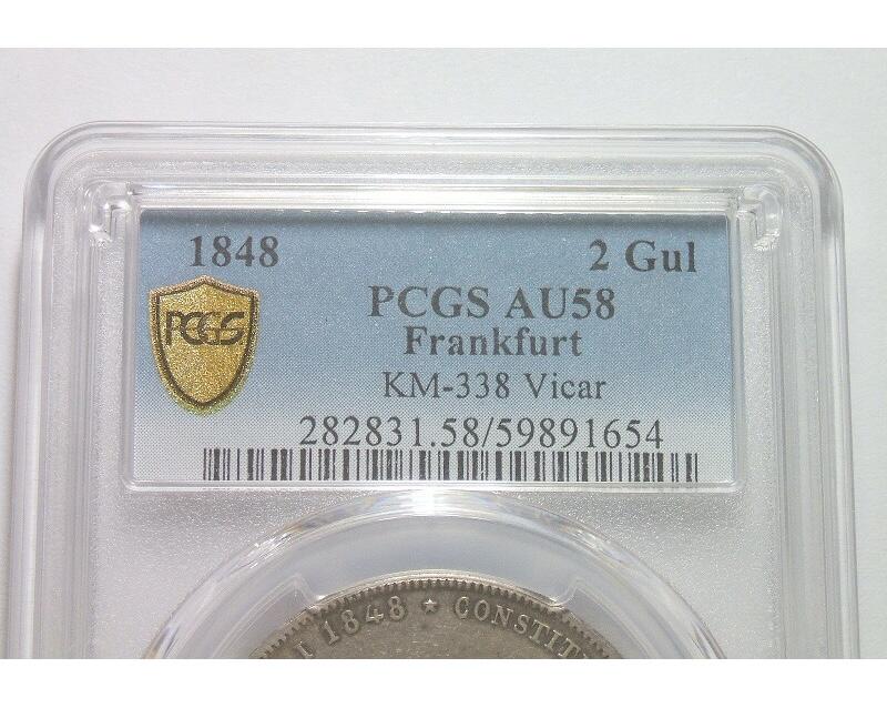 【旋风钱币】2月22日19:00准时开拍 精美欧洲币章、银币银章、第三帝国钱币、手串手镯紫砂壶等 全场包邮！ 【银】PCGS AU58 德国法兰克福1848年双头鹰宪法2盾大银币 难得初铸 带原光 发行量仅3万枚