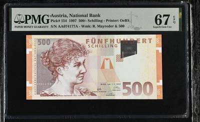 《艾美收藏》第233期-2.23周一外币精品荟萃(春节第二拍) - 奥地利1997年首发AAA冠500先令次高值PMG67E高分，作家及女权活动家罗莎·梅雷德 背面罗莎夫妇和众人