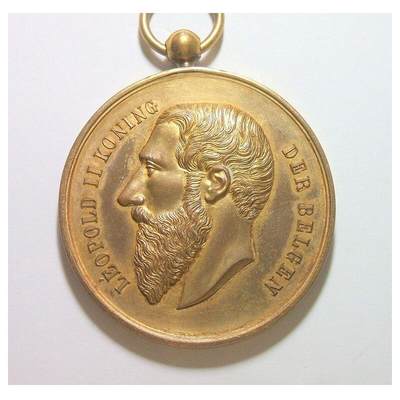 比利时1909年 利奥波德二世高浮雕精制大镀金章 50MM - 比利时1909年 利奥波德二世高浮雕精制大镀金章 50MM