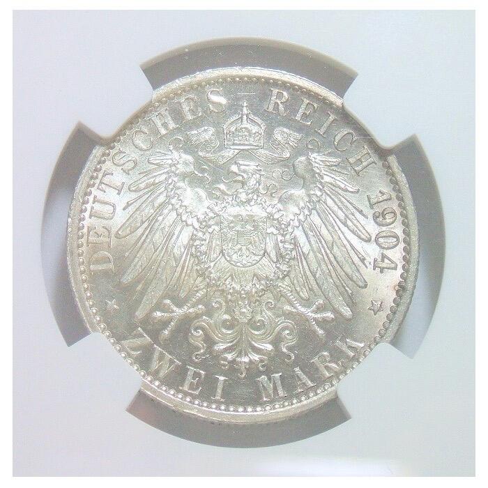 【旋风钱币】2月22日19:00准时开拍 精美欧洲币章、银币银章、第三帝国钱币、手串手镯紫砂壶等 全场包邮！ 【银】NGC MS63 德国黑森1904年 双头2马克银币 初铸开卷原光