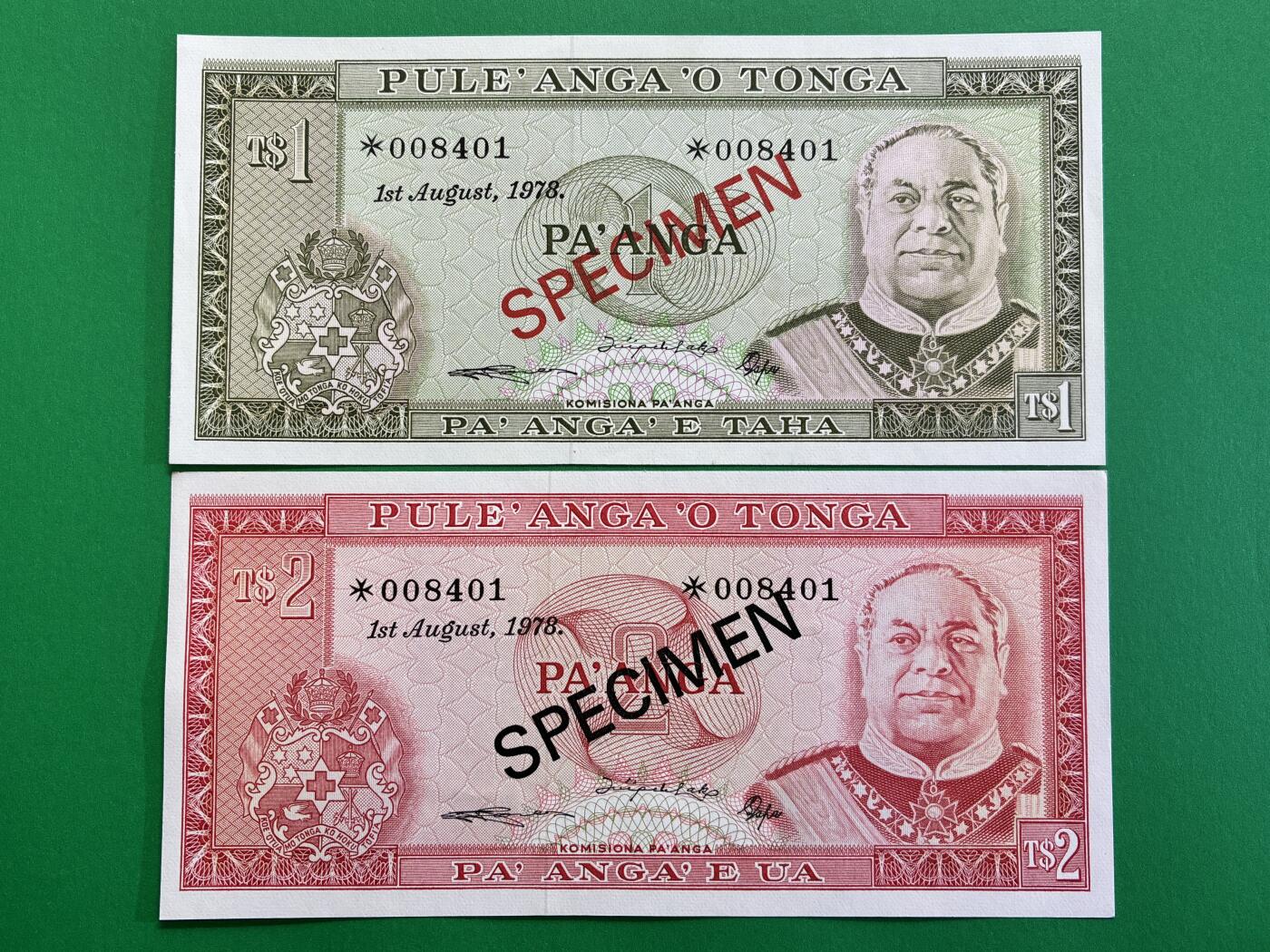 咖啡豆•收藏 2026年Mar_1st世界各国纸币样票拍卖 汤加 1978年 1-10潘加 全新UNC同号 外国纸币样票 4枚一套