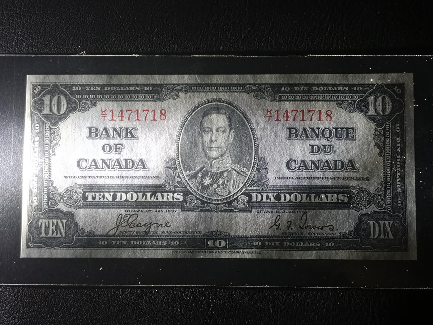 【年后首拍！】2026二月第三期，总217期 加拿大1937版10元AUNC，乔治六世国王和商业神墨丘利，稀有中高面值品种