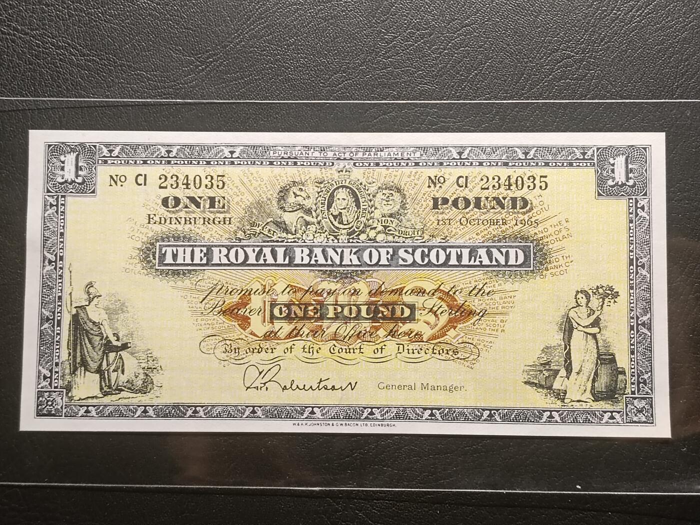 【年后首拍！】2026二月第三期，总217期 苏格兰皇家银行1965年UNC，不列颠女神和拿花女神/爱丁堡和格拉斯哥的分行，后期小票幅版本