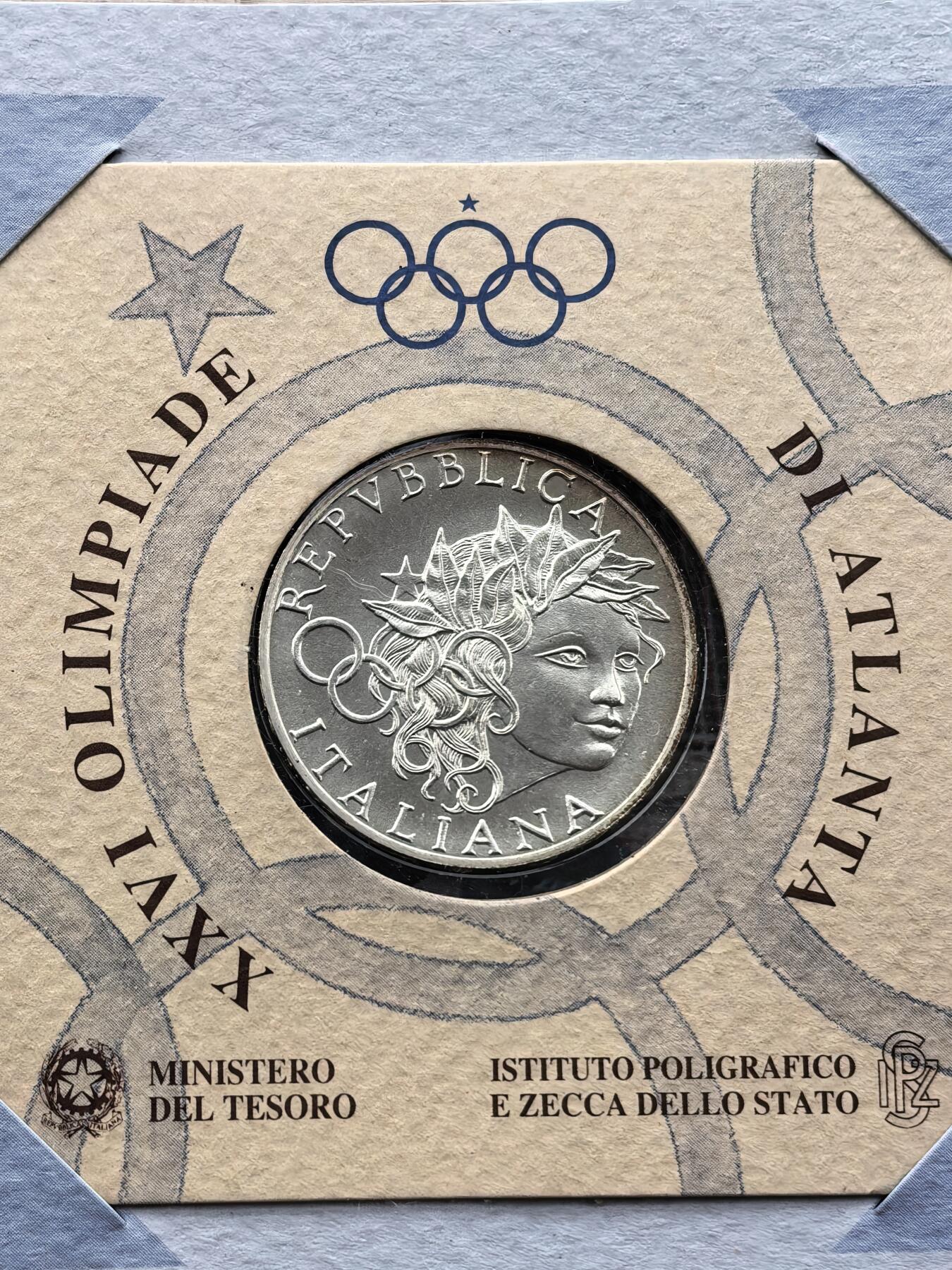 道一币馆币章第一百六十七场 原包装 意大利1996年亚特兰大奥运会1000里拉纪念银币