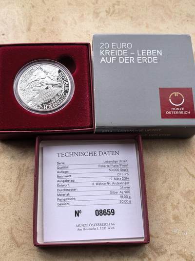 道一币馆币章第一百六十七场 - 原盒证 奥地利2014年史前生物系列-白垩纪时代20欧元精制银币