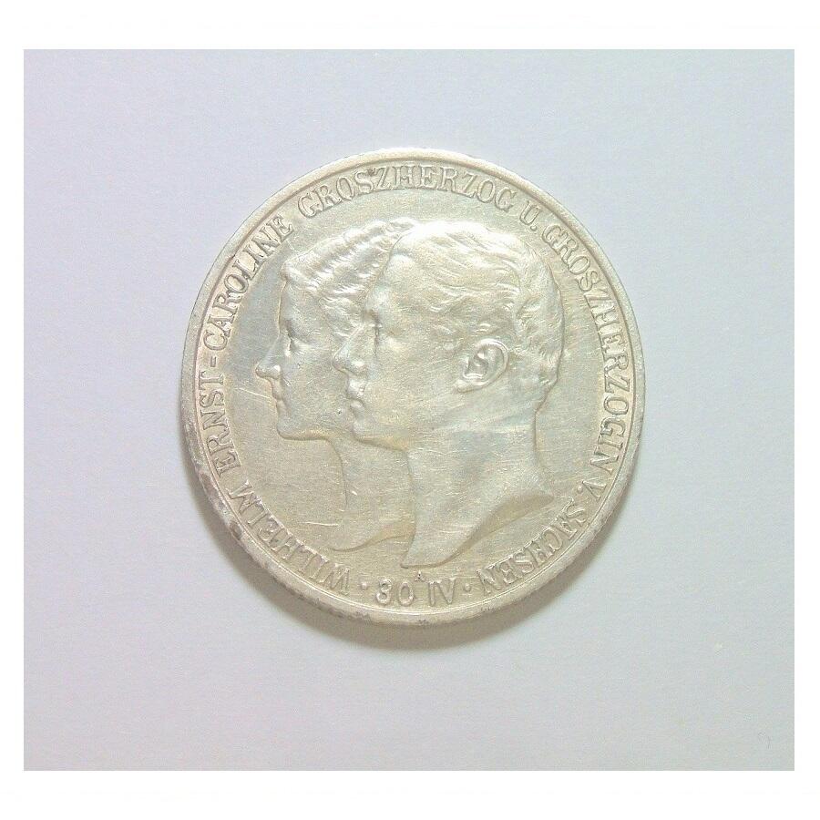 【旋风钱币】2月22日19:00准时开拍 精美欧洲币章、银币银章、第三帝国钱币、手串手镯紫砂壶等 全场包邮！ 【银】德国萨克森魏玛爱森纳赫1903年结婚2马克银币 带原光 发行量仅4万