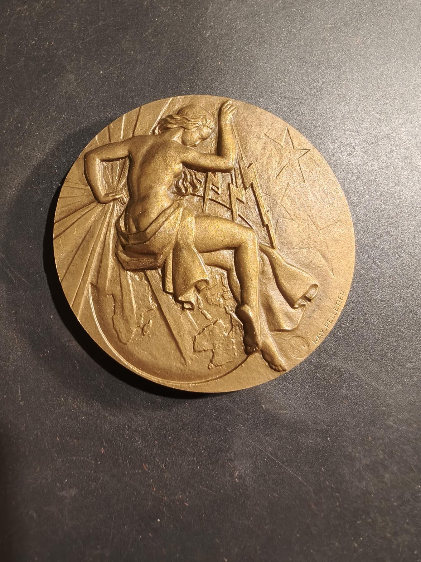 老王徽章第184期 法国电气工程总工会大铜章    原盒无盖     直径68mm    重量161g