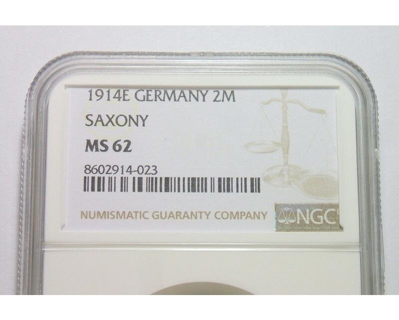 【旋风钱币】2月22日19:00准时开拍 精美欧洲币章、银币银章、第三帝国钱币、手串手镯紫砂壶等 全场包邮！ 【银】NGC MS62 德国萨克森1914年 奥古斯特2马克银币 酱彩原光