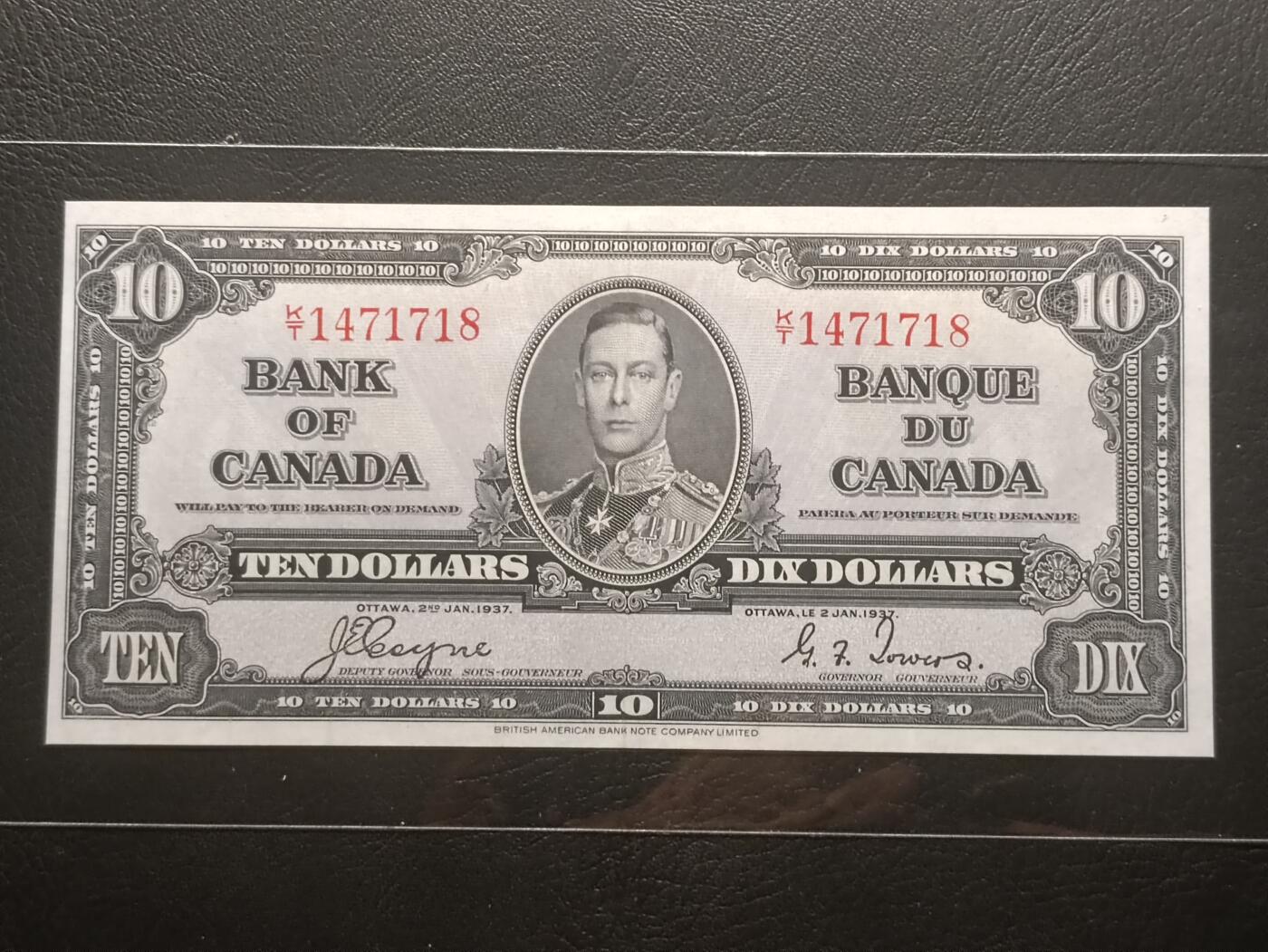 【年后首拍！】2026二月第三期，总217期 加拿大1937版10元AUNC，乔治六世国王和商业神墨丘利，稀有中高面值品种