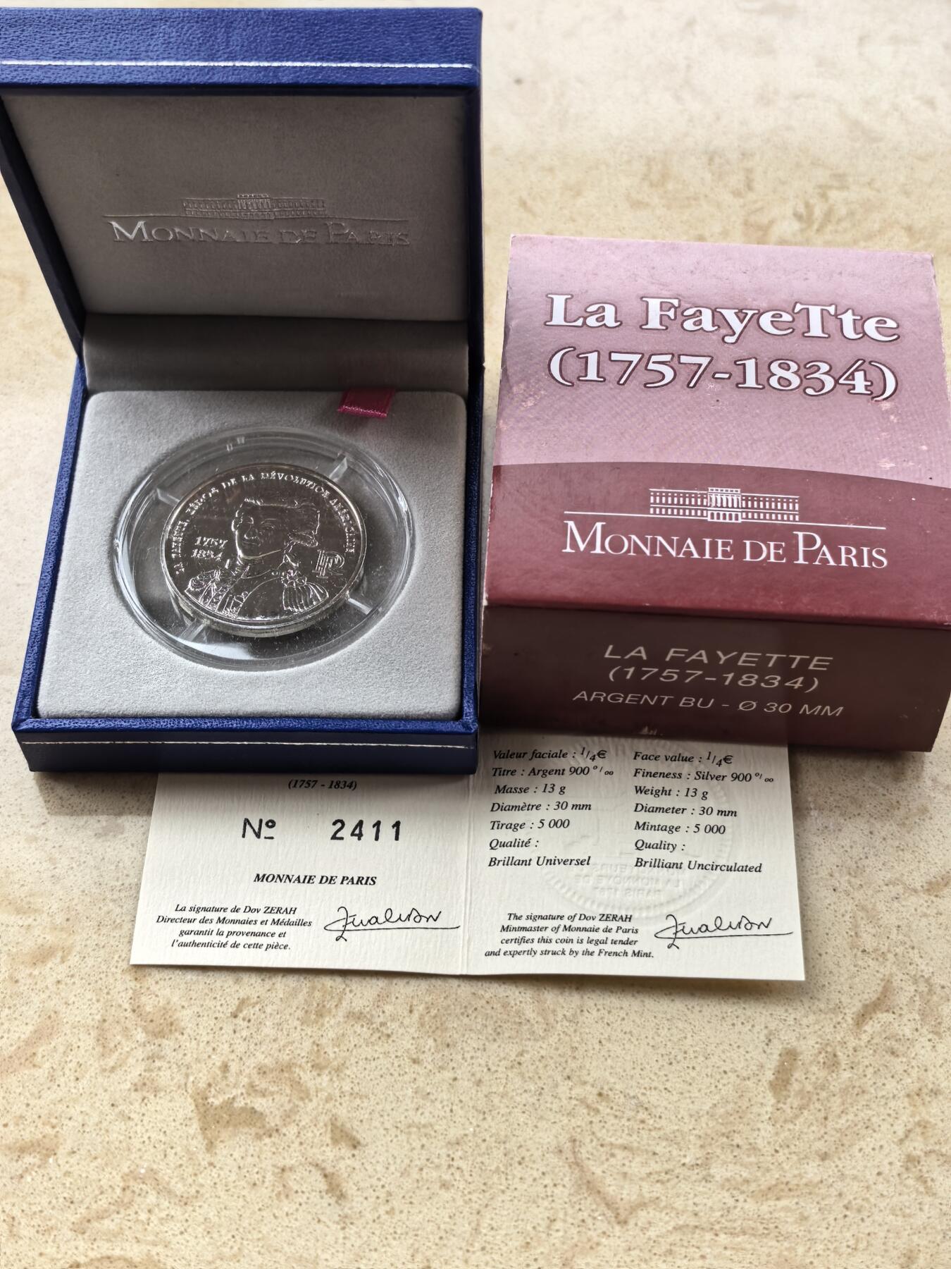 道一币馆币章第一百六十七场 原盒证 法国2007年拉法耶特将军逝世250周年1/4欧元银币