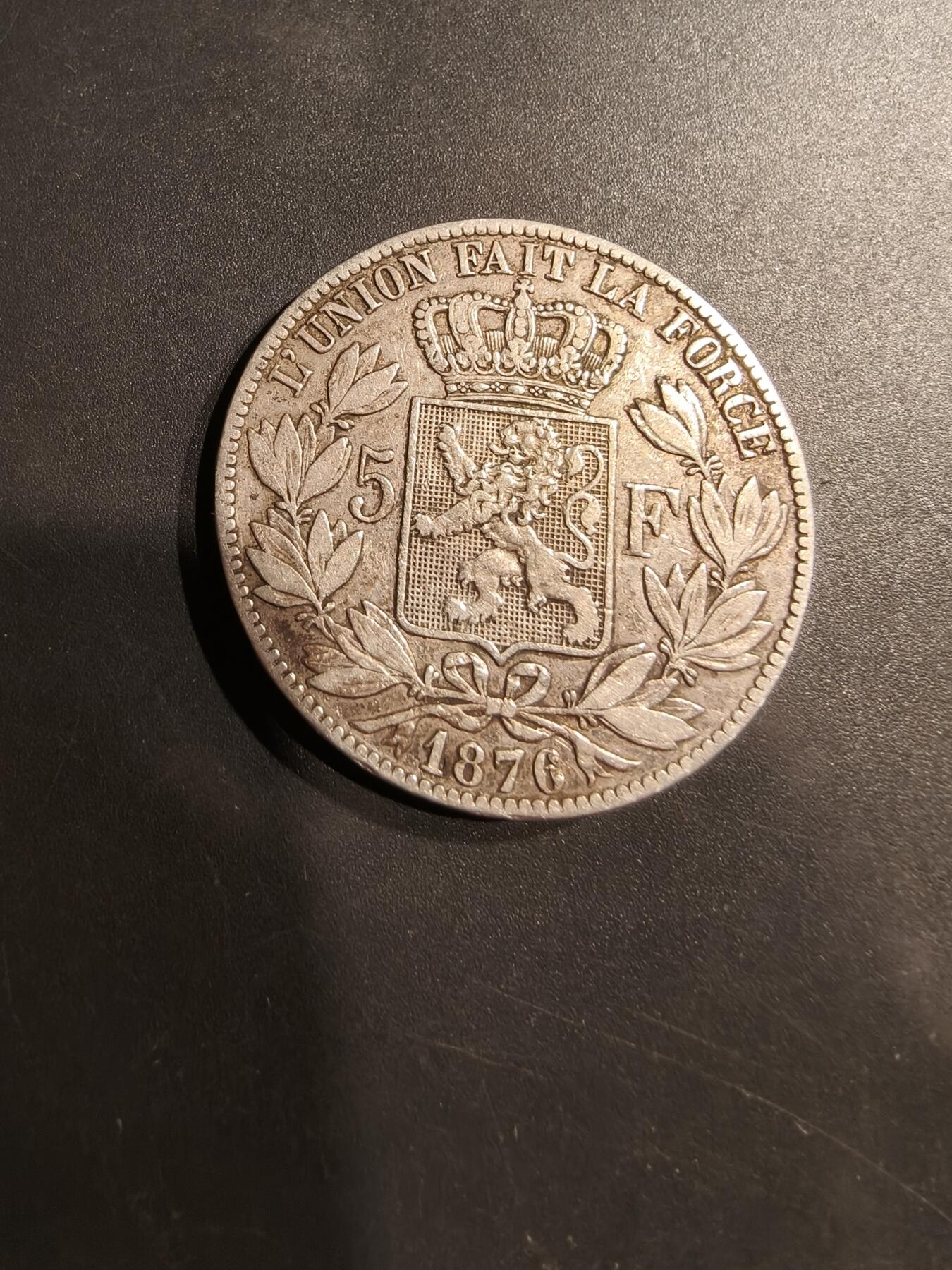 老王徽章第184期 比利时1876年5法郎银币    900银     24.8g