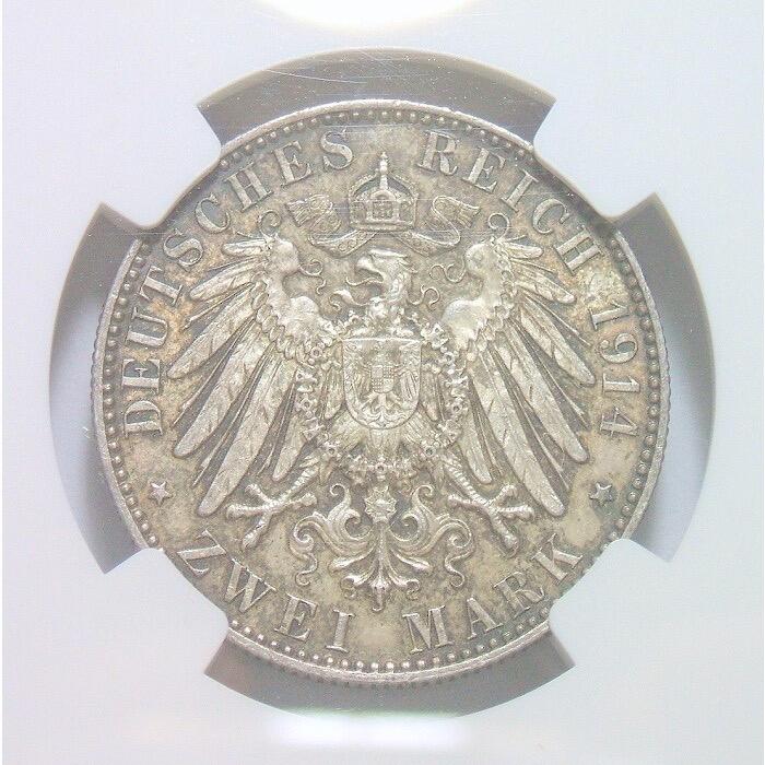 【旋风钱币】2月22日19:00准时开拍 精美欧洲币章、银币银章、第三帝国钱币、手串手镯紫砂壶等 全场包邮！ 【银】NGC MS62 德国萨克森1914年 奥古斯特2马克银币 酱彩原光