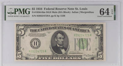 《艾美收藏》第233期-2.23周一外币精品荟萃(春节第二拍) - 圣路易斯分区1934年稀少首发HA冠5美元PMG64E无4 Mule版本 深绿色DGS 首发冠难得一见 老美元带E难得