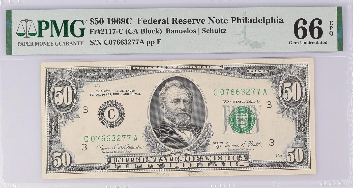 《艾美收藏》第233期-2.23周一外币精品荟萃(春节第二拍) 费城分区1969C年首发CA冠50美元66E亚军分无4 冠军67分仅12张尤利西斯·S·格兰特 第十八任总统 南北战争北军总司令